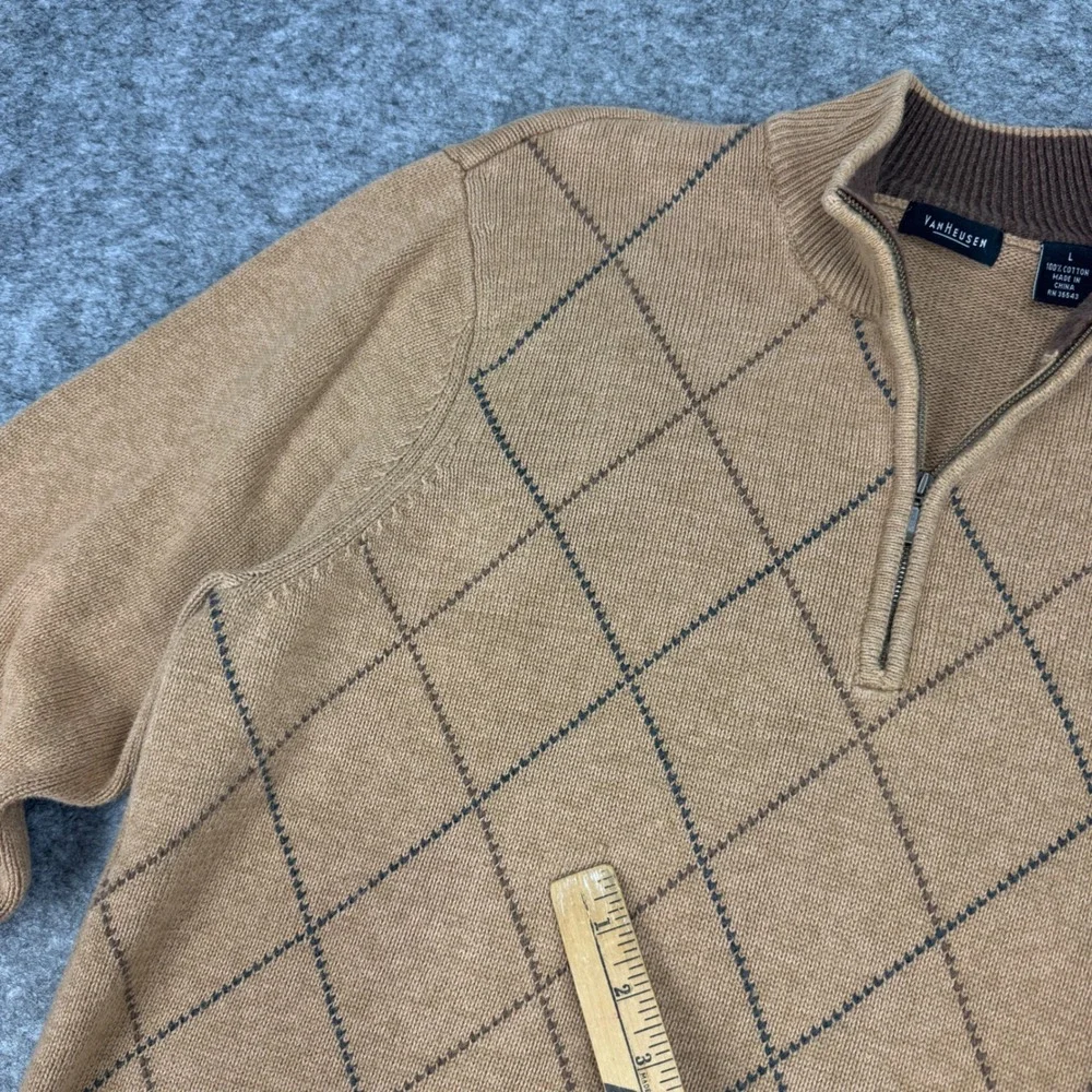 Van Heusen Mens Large‎ Brown Argyle 1/4 Zip Pullover Cotton Knit Sweater Large